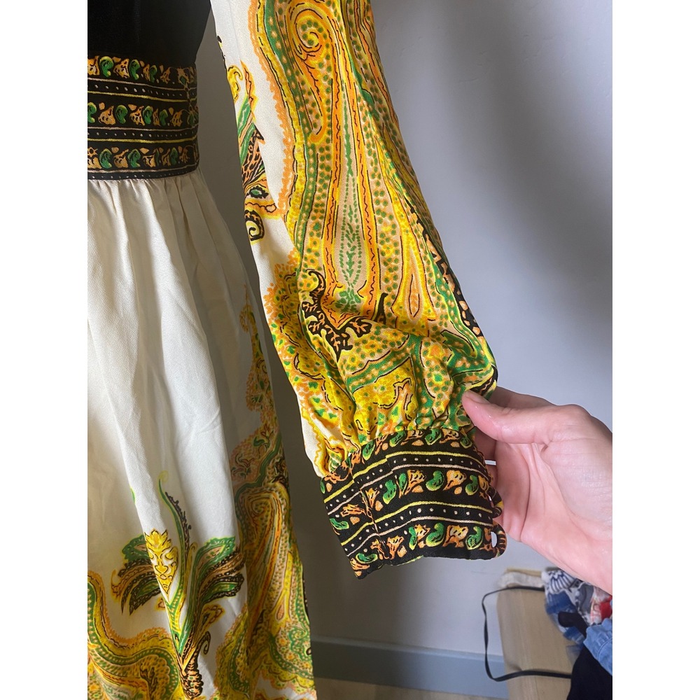 Vintage 1960s Paisley Maxi Dress Mock Neck Boho Mod Long Sleeve Black Gold Green - Picture 6 of 10